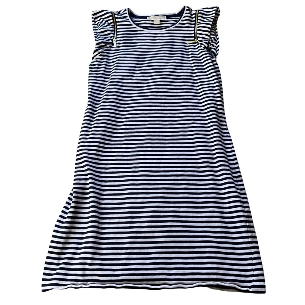 Michael Kors Navy White Striped Ruffle Sleeve Zipper Accent Shift Dress XS